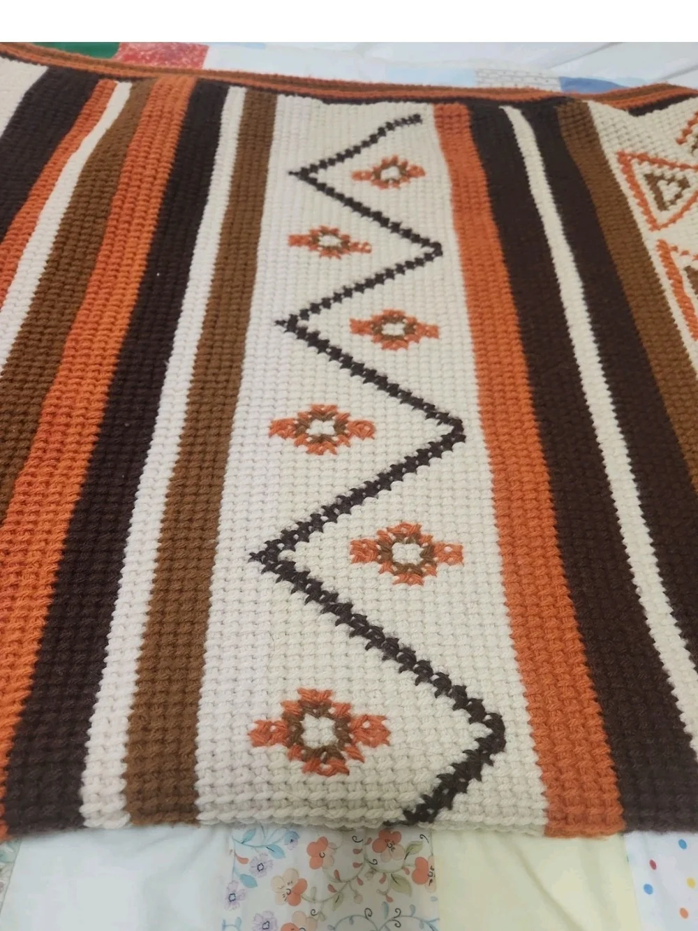Vtg 70s Southwest Crochet Afghan Blanket Earth Tones Geo Diamond Throw 68x49